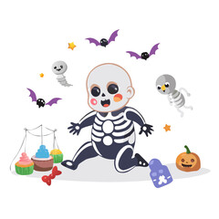 Vector art of a baby in a skeleton costume celebrates halloween with bats and candy