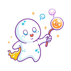 Vector art of a cute ghost is holding a bubble wand, isolated on white background