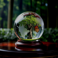 Nature in a sphere: glowing crystal ball with tree and butterfly.