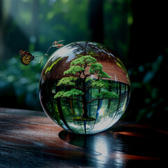 Butterfly near a tiny tree inside a clear crystal globe &mdash; peaceful nature scene.
