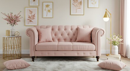 Light pink chesterfield sofa with pillows and decor