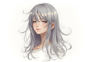 Woman with Flowing Silver Hair Portrait on White Background