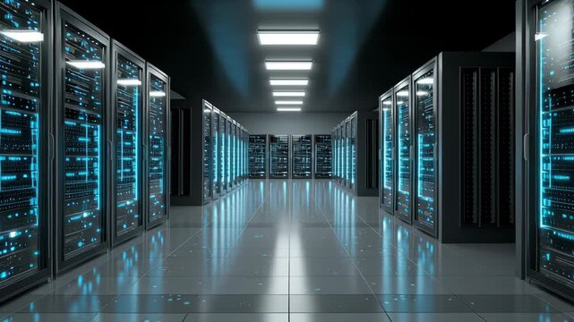 Massive server room filled with CPU-driven AI supercomputers glowing blue, powering intelligent systems and data networks