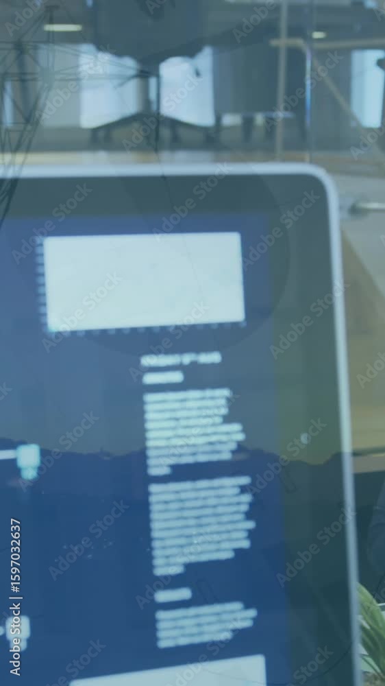 Poster animation of statistical data processing over woman using computer against network towers