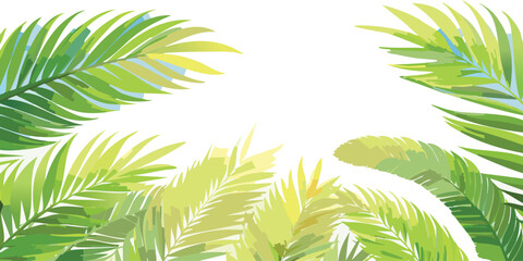 Green leaves background. Looking Up Through Tropical Palm Leaves Towards A Bright Sunlit Sky On A Clear Day