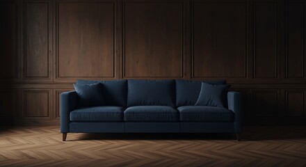A blue sofa in a room with wooden paneling on walls