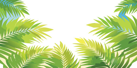 Green leaves background. Looking Up Through Tropical Palm Leaves Towards A Bright Sunlit Sky On A Clear Day