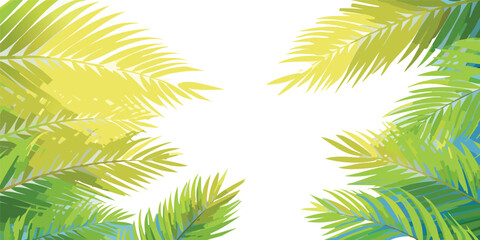 Green leaves background. Looking Up Through Tropical Palm Leaves Towards A Bright Sunlit Sky On A Clear Day