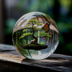Miniature tree in a glass globe, butterfly fluttering nearby &mdash; nature in harmony.