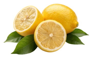 Fresh yellow lemons whole and halved with green leaves on a black background