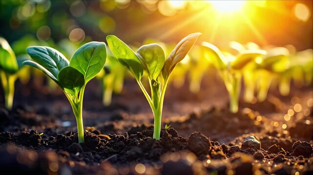 Young spinach plants growing in sunlight. Macro shot of fresh crops