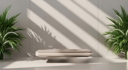 A floating platform with illuminated edges is centered between two potted plants against a sunlit wall.
