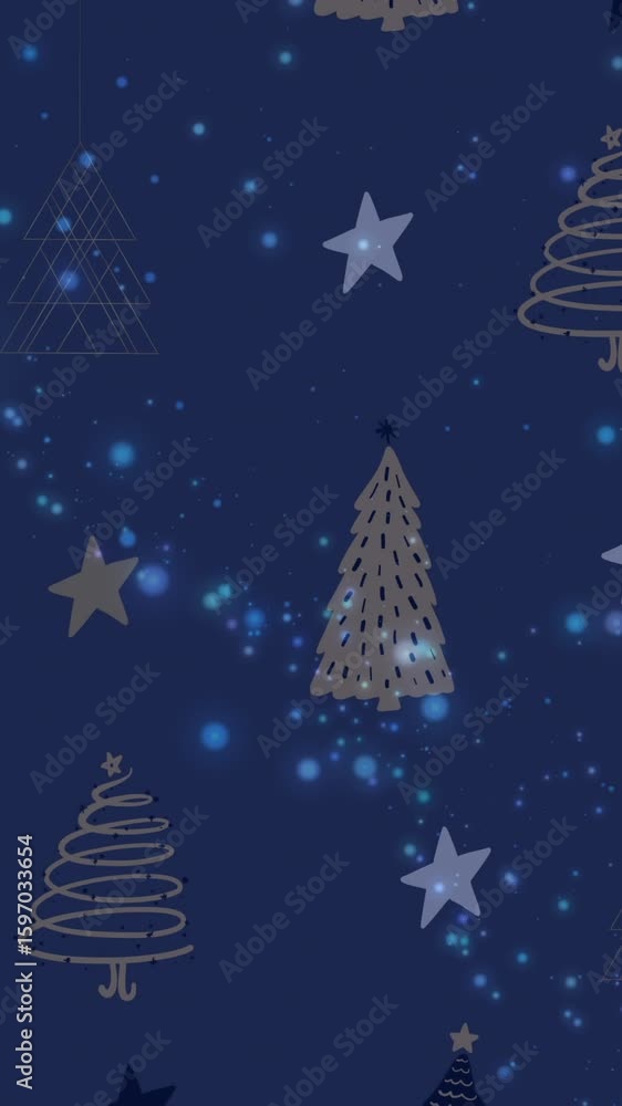 Poster animation of snow falling over fir trees on dark background