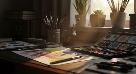 Art Supplies on Wooden Table Watercolor Palette, Brushes, and Paper Outdoors