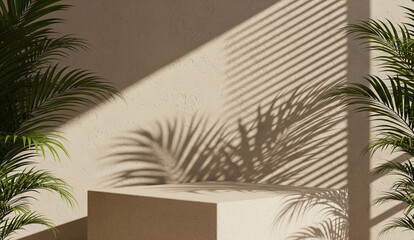 Beige minimalist display podium with plant shadows and sunlight.