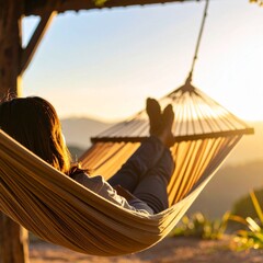 woman relaxing in hammock at sunset