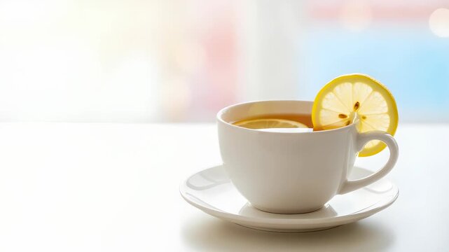 Hot Lemon Tea in White Cup on White Table with Bokeh Background