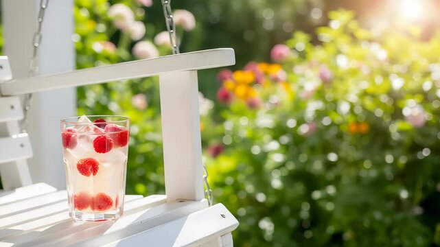 Iced Raspberry Lemonade on White Swing Surrounded by Green Garden Under Sunlight