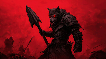 Fierce warrior with wolf mask and glowing eyes stands ready for battle in a red smoky atmosphere, showcasing power and mystique in an epic fantasy scene.