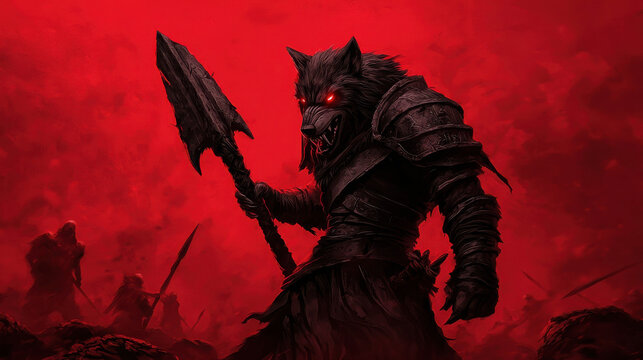 Fierce warrior with wolf mask and glowing eyes stands ready for battle in a red smoky atmosphere, showcasing power and mystique in an epic fantasy scene.