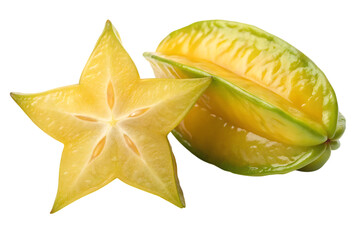 Fototapeta premium Bright yellow star fruit slice and whole fruit with glossy skin and vibrant green edges against black