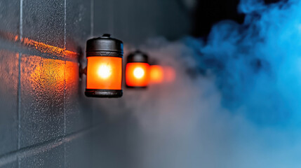 Warm glowing lights in a misty environment, highlighting urban atmosphere with a cool color contrast and an atmospheric perspective