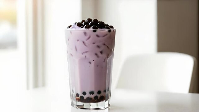 Taro Bubble Tea with Tapioca Pearls in Glass on White Table Against Blurry Background
