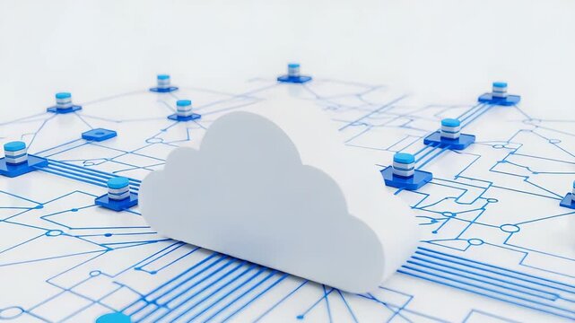 White Cloud Icon Connected to Blue Server Icons Network on a White Background
