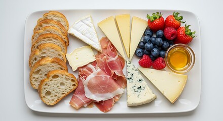 Assorted cheese and fruit platter with bread slices