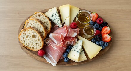 Wooden platter featuring cheese meat and fresh fruit