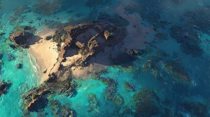 Fototapeta premium Aerial View Of A Tropical Island Beach With Turquoise Water And Coral Reefs