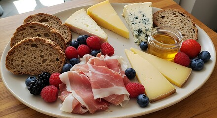 A platter with cheese bread berries and prosciutto