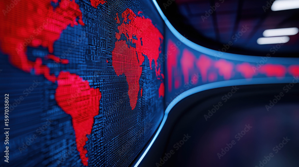 Poster futuristic digital world map with red countries highlighted against a dark background illuminated by