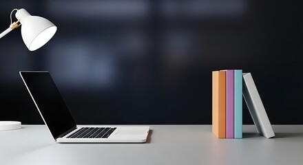 Minimalist workspace scene featuring a laptop, lamp, and books against a dark background, perfect for remote work.