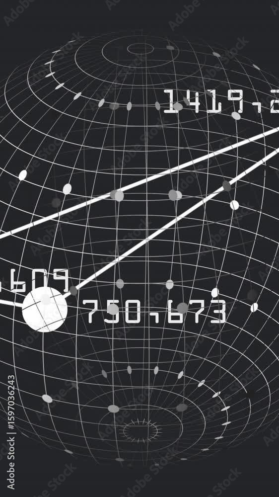 Poster animation of numbers around connected dots forming triangle over globe on black background