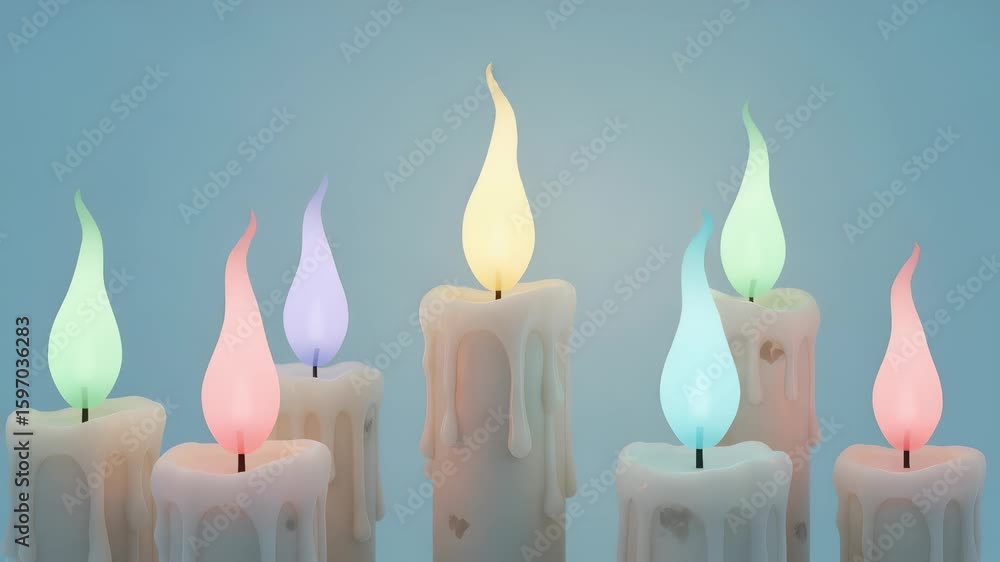 Poster charming lit candles displaying multicolored flames on pale blue background with melting wax in stud