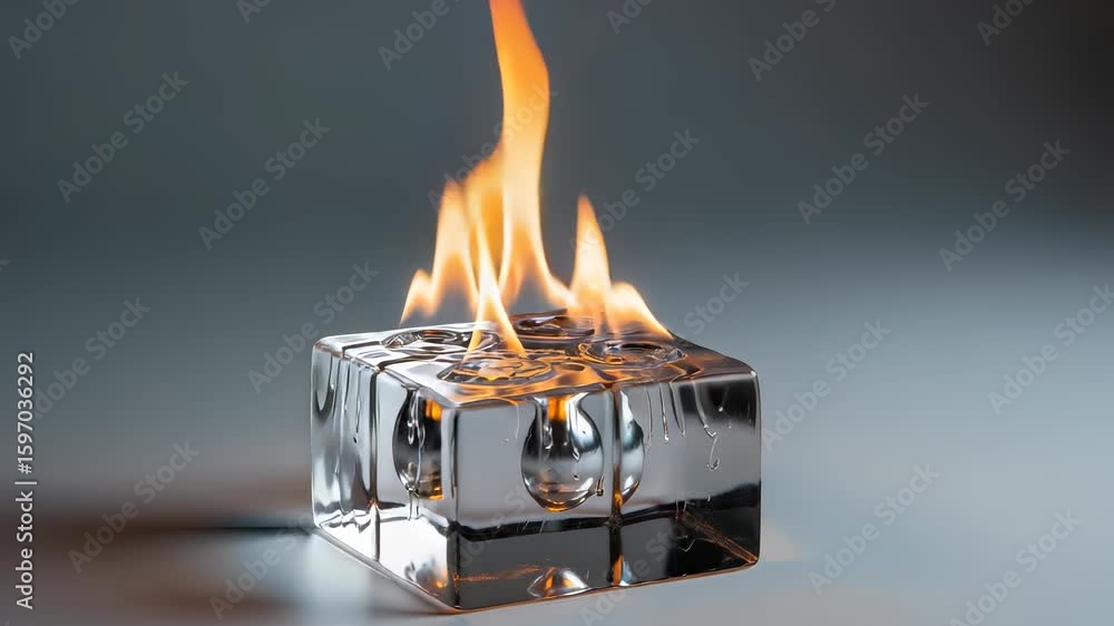 Poster clear crystal cube with centered flame on gray background minimalist decorative shining