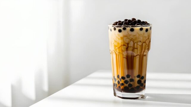 Brown Sugar Boba Milk Tea In A Glass On Bright White Tabletop With Brown Sugar Swirls And Tapioca Pearls