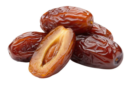 Pile of fresh dates, one date is cut in half revealing its pit and juicy interior