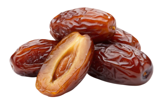Pile of fresh dates, one date is cut in half revealing its pit and juicy interior