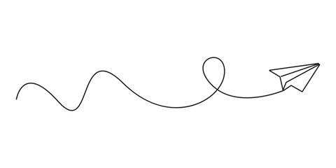 Continuous one line drawing of paper plane. Paper airplane symbol of travel and dream. Concept vector art for business trip. Editable stroke. Doodle vector illustration