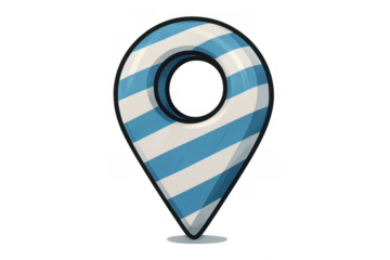 Cartoon style location pin with blue and white stripes on a transparent background, ideal for travel and navigation projects