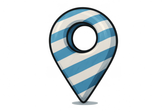 Cartoon style location pin with blue and white stripes on a transparent background, ideal for travel and navigation projects