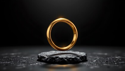 a gold colored ring resting on a surface with a dark background, giving a sense of prominence to the object