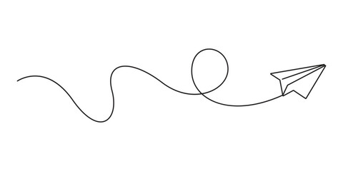 Continuous one line drawing of paper plane. Paper airplane symbol of travel and dream. Concept vector art for business trip. Editable stroke. Doodle vector illustration
