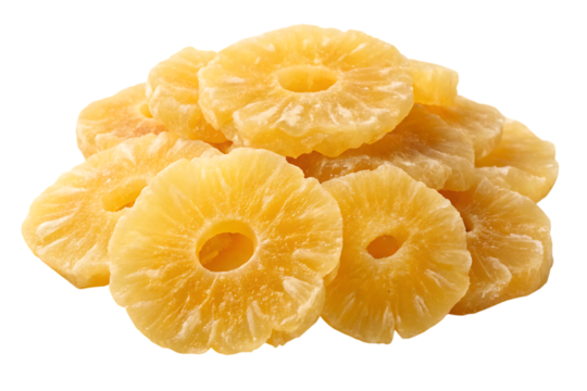 Dried pineapple rings stacked together, a healthy and sweet tropical fruit snack