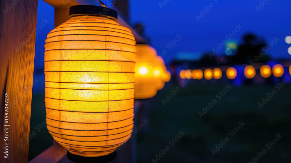 Poster beautiful glowing paper lanterns illuminated at dusk create a serene atmosphere in an outdoor evenin