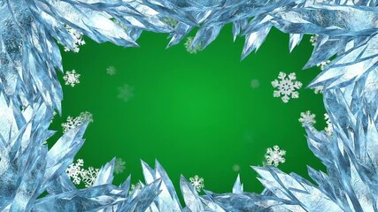 Abstract winter frame of icy spikes and snowflakes on a solid green background, cool tones and dynamic shapes