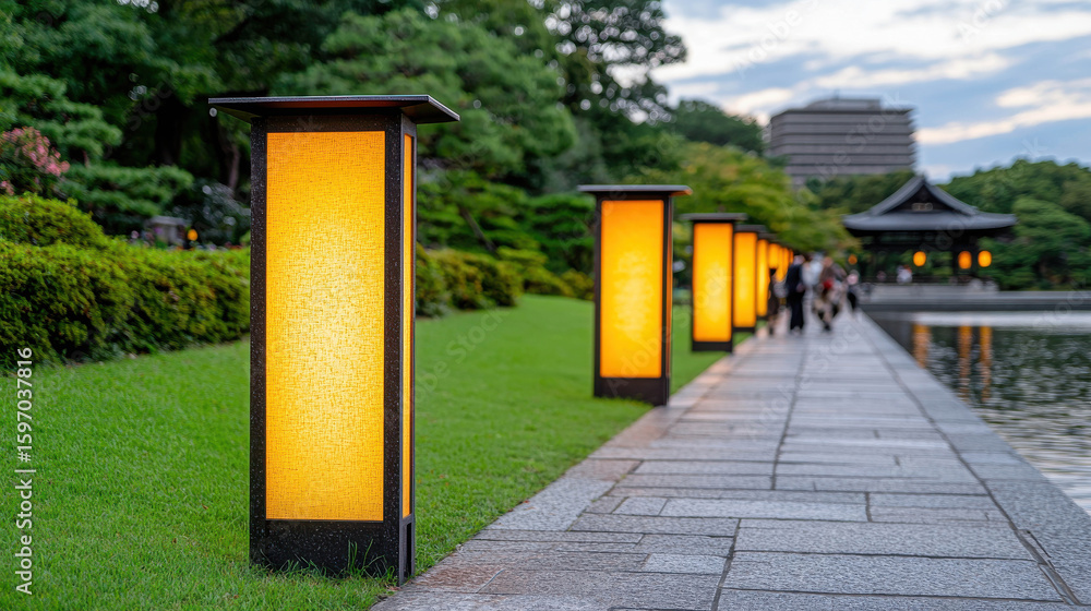 Poster tranquil evening stroll by the pond with soft illuminated lanterns in a lush park setting surrounded