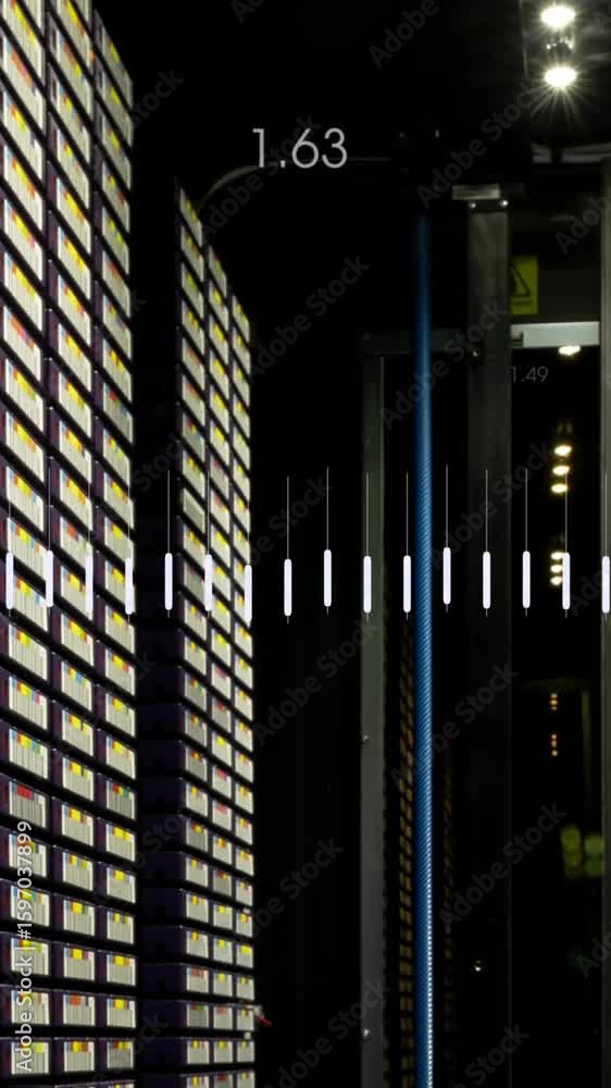 Poster animation of data processing against computer server room